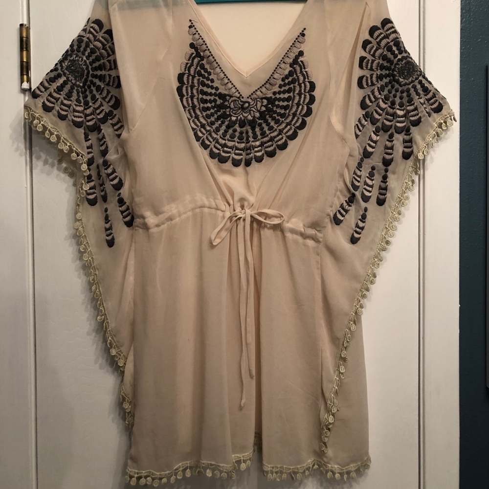 Cream and Slate Grey Embroidered Boho Top